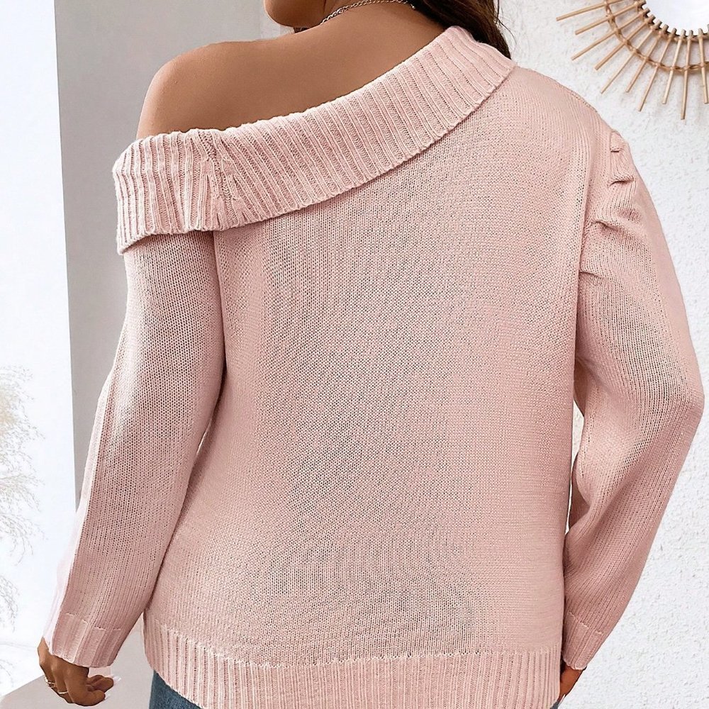 Pink Casual Womens Asymmetrical Neck Cable Knit Sweater - Picture 2 of 4